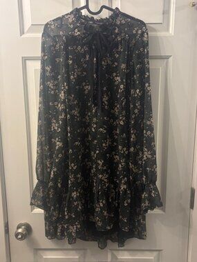 Zara green floral print long sleeve dress with ruffled neckline, hem and tie det